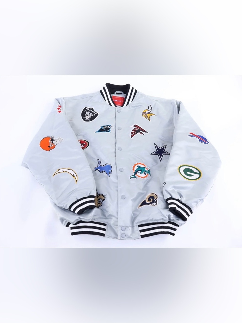Vintage Reebok NFL All Team Logo Patch Satin Bomber Jacket Silver Large